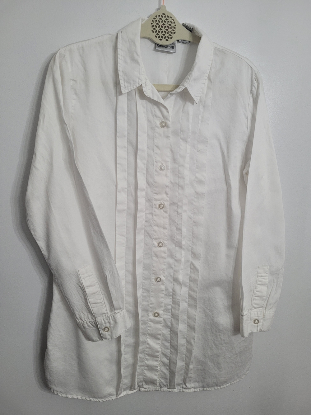 Chico's Womens White Solid Collared Button-Up Long Sleeve Shirt 100% Cotton M